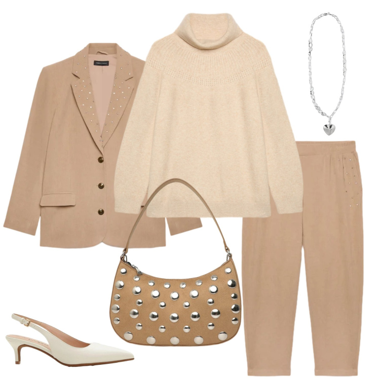 Outfit donna - Minimalismo Moderno. Stile Casual chic per Tutti i giorni. Abbinamento con décolleté, borse a tracolla, maglieria, blazer, pantaloni, collane.