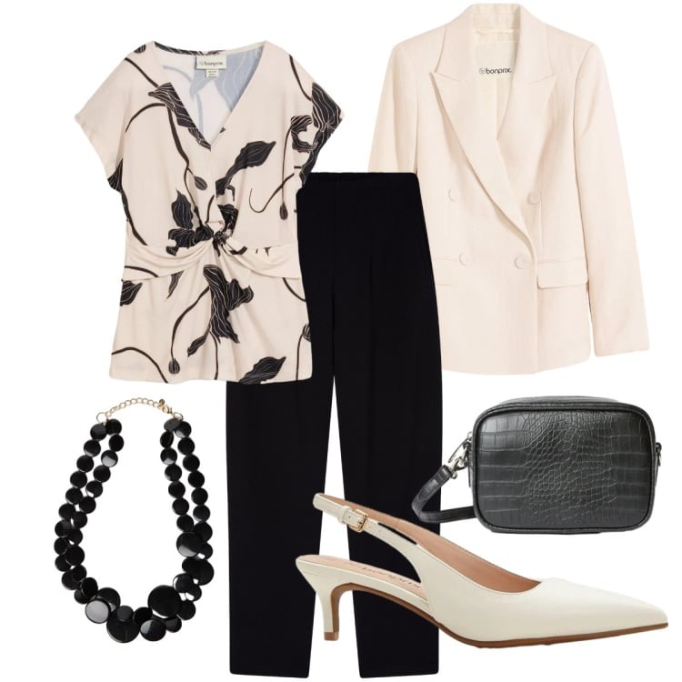 Outfit donna - Bianco e nero. Stile Chic per Ufficio. Abbinamento con bluse, blazer, décolleté, pantaloni chino, borse a tracolla, collane.