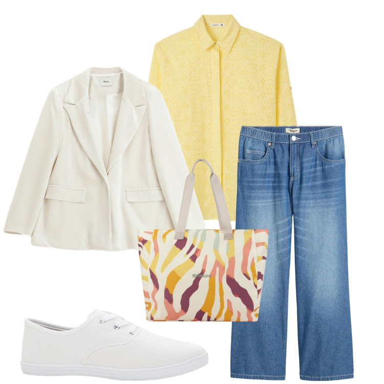 Outfit donna - Total look #2357381. Stile Casual per Tutti i giorni. Abbinamento con sneakers, jeans dritti, camicie, blazer, shopping bag.