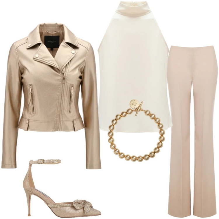 Outfit donna - Rinascimento un nuovo capitolo. Stile Casual chic per Serata fuori. Abbinamento con décolleté, giacche, top, pantaloni a palazzo, braccialetti.
