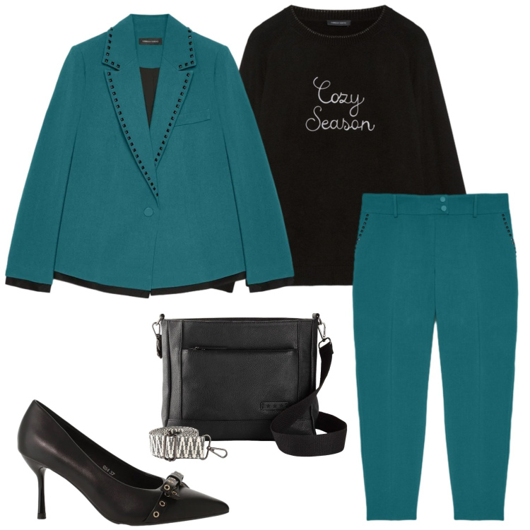 Outfit donna - Tailleur Moderno e Comfort Urbano. Stile Casual chic per Tutti i giorni. Abbinamento con borse a tracolla, décolleté, blazer, pantaloni chino, maglieria.
