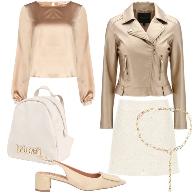 Outfit donna - Toni neutri ma luminosi. Stile Casual chic per Serata fuori. Abbinamento con zaini, décolleté, bluse, giacche, cinture, minigonne.