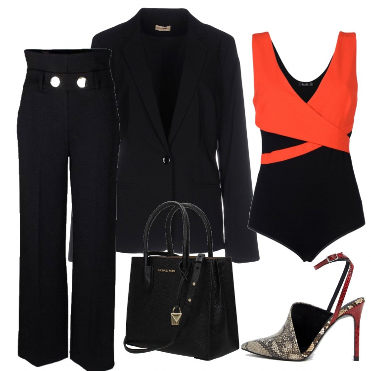 Outfit donna - Total look #235740. Abbinamento con giacca con spacco posteriore collo con revers a maniche lunghe interno foderato tinta unita, top fantasia scollatura profonda crêpe, borsa a mano con logo frontale nero, pantalone nero, scarpe con stampa e tacco alto in denim.