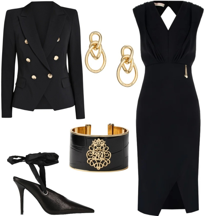 Outfit donna - Rinascimento nuovo capitolo. Stile Chic per Ufficio. Abbinamento con décolleté, vestiti asimmetrici, blazer, braccialetti, orecchini.