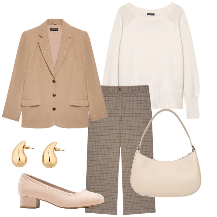 Outfit donna - Chic Heritage. Stile Casual chic per Tutti i giorni. Abbinamento con orecchini, décolleté, borse a tracolla, pantaloni, blazer, maglieria.