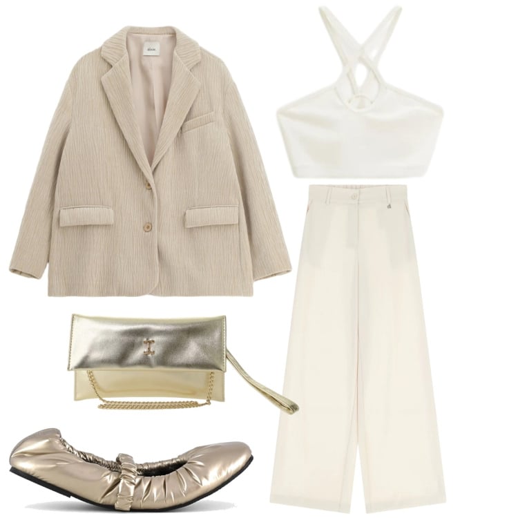 Outfit donna - Total look #2357406. Stile Chic per Serata fuori. Abbinamento con borse a tracolla, top, pantaloni a palazzo, blazer, ballerine.