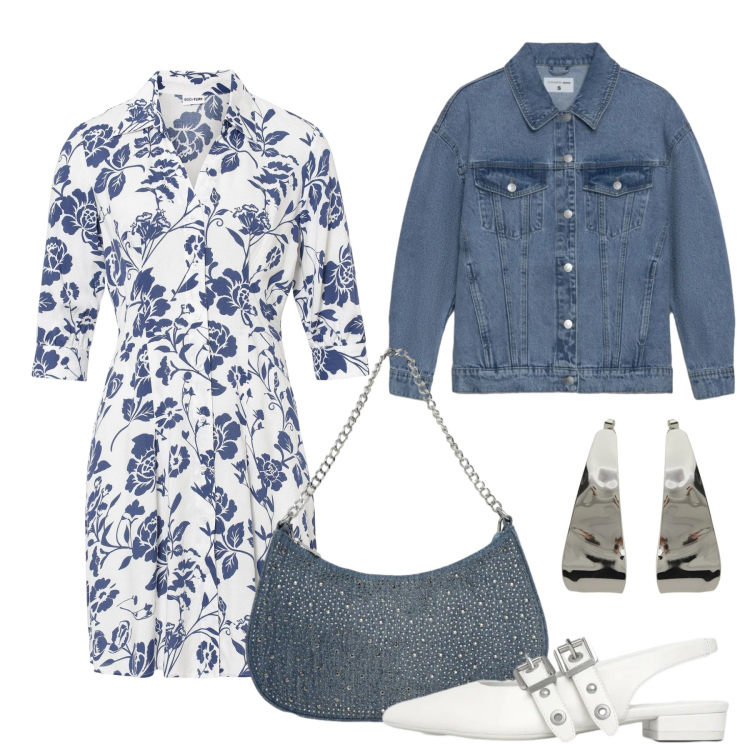 Outfit donna - Abito floreale. Stile Casual chic per Tutti i giorni. Abbinamento con vestiti, ballerine, borse a tracolla, cappotti, orecchini.