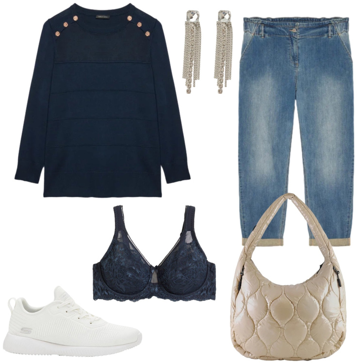 Outfit donna - Midnight Glam. Stile Casual chic per Tutti i giorni. Abbinamento con sneakers, reggiseni, jeans, maglieria, orecchini, borse tote.
