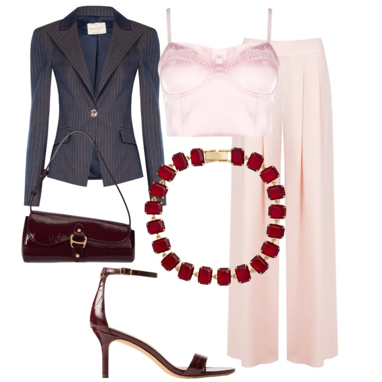 Outfit donna - Rinascimento - Effortless elegance. Stile Chic per Cerimonia. Abbinamento con pantaloni a palazzo, blazer, top, borse a spalla, braccialetti, sandali in pelle.