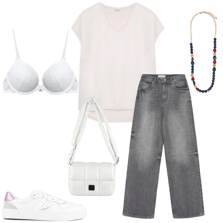 Outfit donna - Minimalismo Urbano e Accenti Pop. Stile Casual chic per Tutti i giorni. Abbinamento con reggiseni push-up, jeans, bluse, collane, borse a spalla, sneakers.