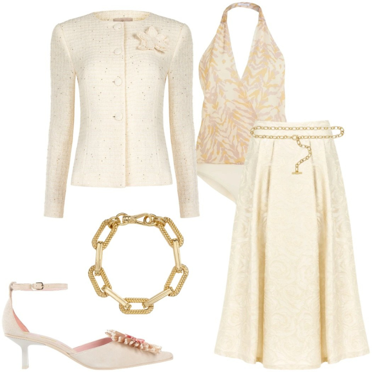 Outfit donna - Rinascimento un nuovo capitolo. Stile Chic per Cerimonia. Abbinamento con décolleté, body, gonne longuette, blazer, cinture, braccialetti.