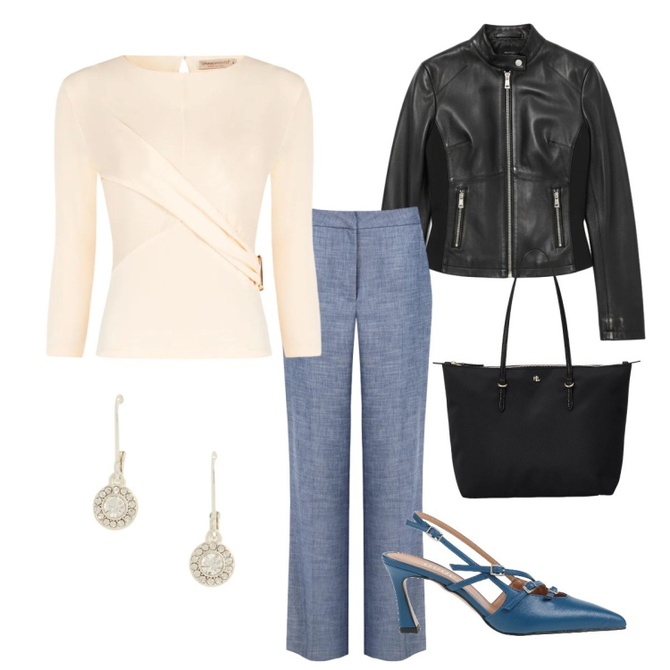 Outfit donna - Total look #2357485. Stile Casual chic per Tutti i giorni. Abbinamento con décolleté, pantaloni, giacche, bluse, borse tote, orecchini.