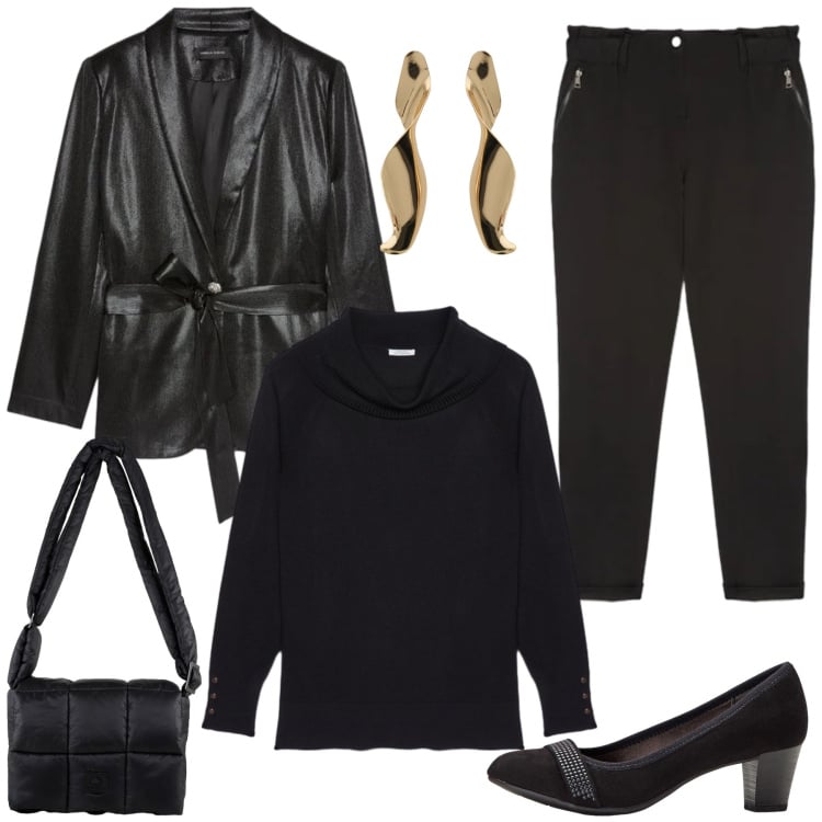 Outfit donna - Il Fascino del Total Black Materico. Stile Casual chic per Tutti i giorni. Abbinamento con décolleté, maglieria, blazer, pantaloni, orecchini, borse a spalla.