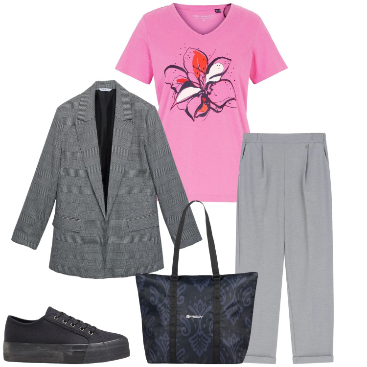 Outfit donna - City. Stile Urban per Tutti i giorni. Abbinamento con sneakers, t-shirt, blazer, pantaloni, shopping bag.