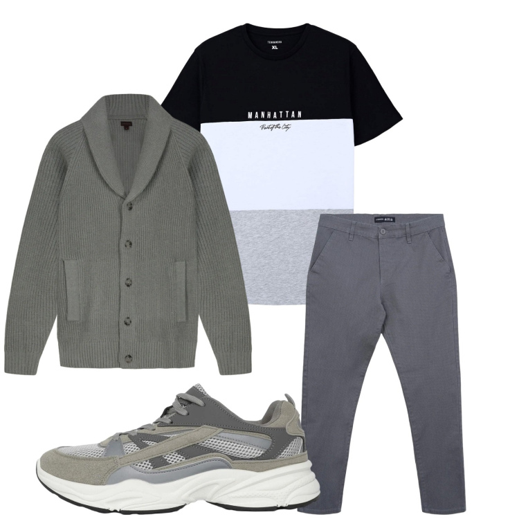 Outfit uomo - Total look #2357517. Stile Trendy per Tutti i giorni. Abbinamento con t-shirt, sneakers, pantaloni chino, cardigans.