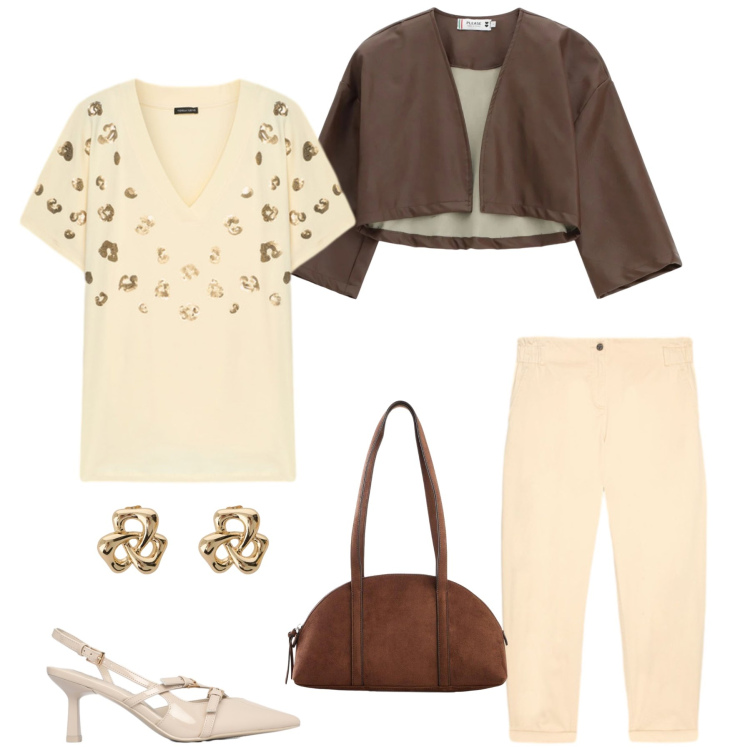 Outfit donna - Golden Hour. Stile Glamour per Tutti i giorni. Abbinamento con borse a tracolla, décolleté, pantaloni, t-shirt, orecchini, blazer.