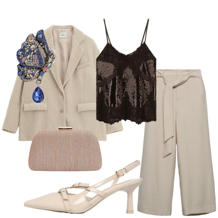 Outfit donna - Total look #2357539. Stile Glamour per Cerimonia. Abbinamento con pantaloni a palazzo, décolleté, blazer, top, ciondoli, pochette.