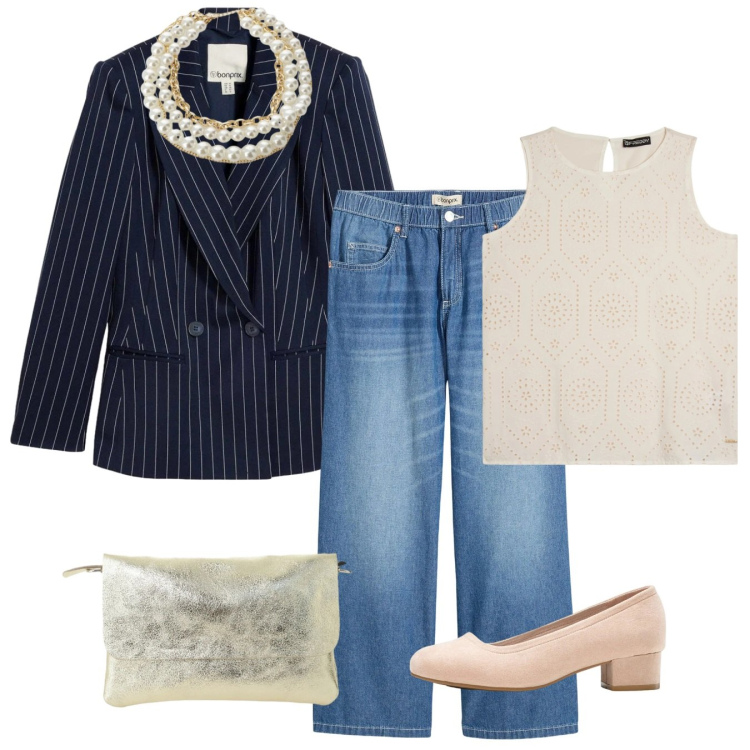 Outfit donna - Gessato e jeans. Stile Chic per Tutti i giorni. Abbinamento con blazer, décolleté, jeans dritti, collane, borse a spalla, canottiere.