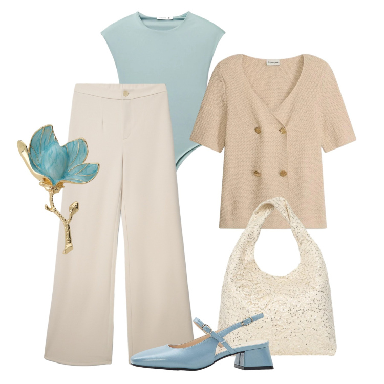 Outfit donna - Aperitivo di primavera. Stile Glamour per Tutti i giorni. Abbinamento con décolleté, cardigans, pantaloni, top, borse a spalla, blazer.