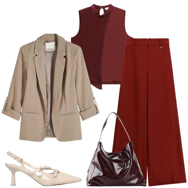 Outfit donna - Total look #2357558. Stile Chic per Serata fuori. Abbinamento con blazer, shopping bag, décolleté, pantaloni a palazzo, top.