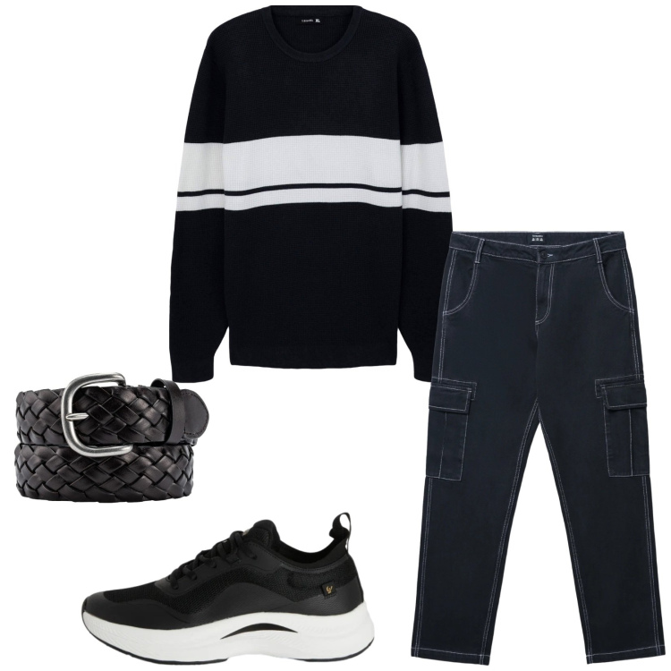Outfit uomo - Total look #2357562. Stile Trendy per Tutti i giorni. Abbinamento con maglieria, pantaloni cargo, sneakers, cinture.