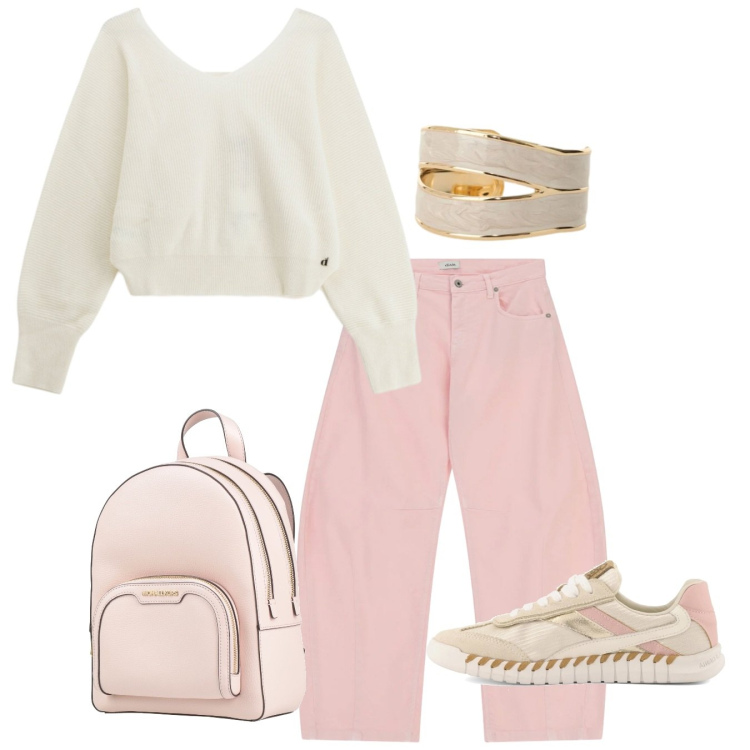 Outfit donna - Panna e rosa. Stile Casual chic per Tutti i giorni. Abbinamento con zaini, maglieria, pantaloni, anelli, sneakers.
