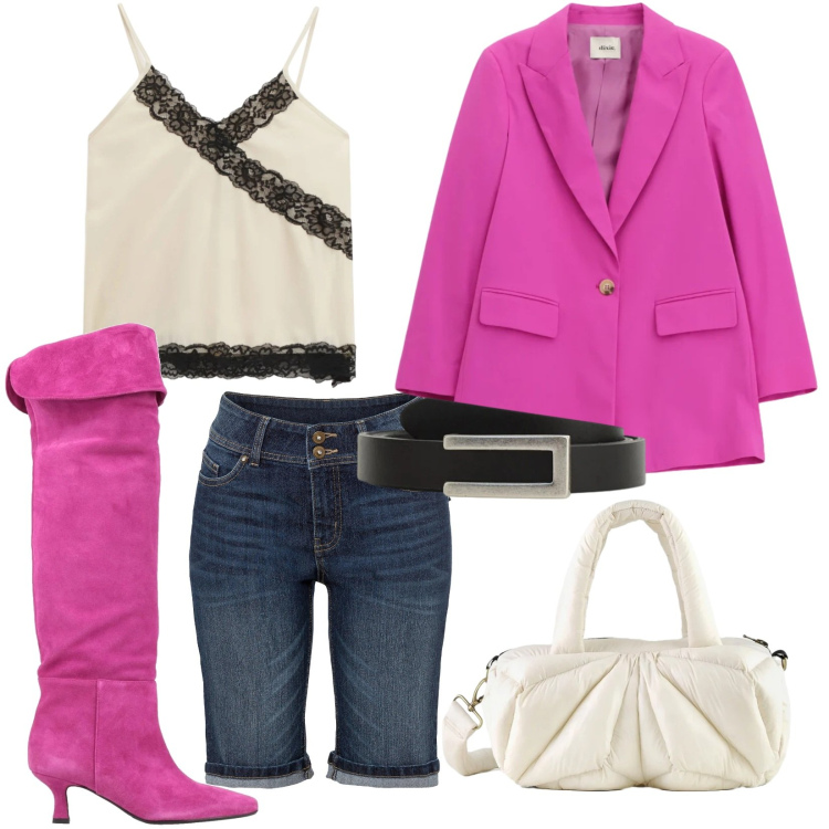 Outfit donna - Leggera. Stile Sexy per Tutti i giorni. Abbinamento con stivali, bermuda, blazer, top, cinture, borse a mano.