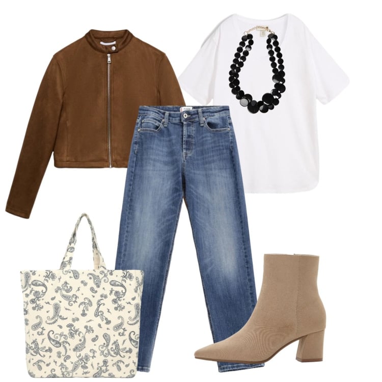 Outfit donna - Pop chic. Stile Casual chic per Tutti i giorni. Abbinamento con stivaletti, t-shirt, giacche, shopping bag, collane, jeans.