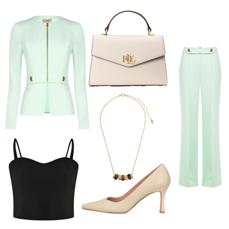 Outfit donna - Total look #2357622. Stile Chic per Cerimonia. Abbinamento con décolleté, blazer, pantaloni, top, collane, borse a mano.