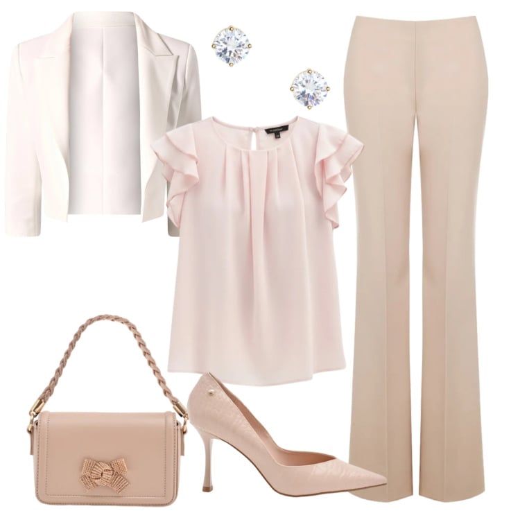Outfit donna - Toni neutri per un effetto wow. Stile Romantica per Cerimonia. Abbinamento con top, pantaloni a palazzo, blazer, décolleté, pochette, orecchini.