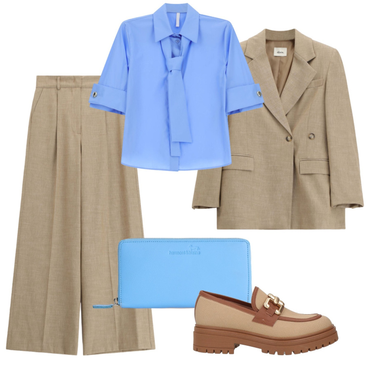 Outfit donna - Completo in città. Stile Glamour per Tutti i giorni. Abbinamento con mocassini, portafogli, camicie a manica corta, pantaloni a palazzo, blazer.