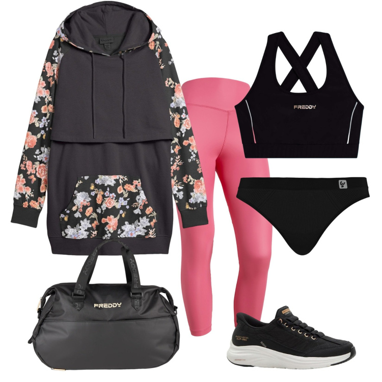 Outfit donna - Sport in fiore. Stile Basic per Sport. Abbinamento con felpe, sneakers, treggings, perizomi, borse sportive, top sportivi.