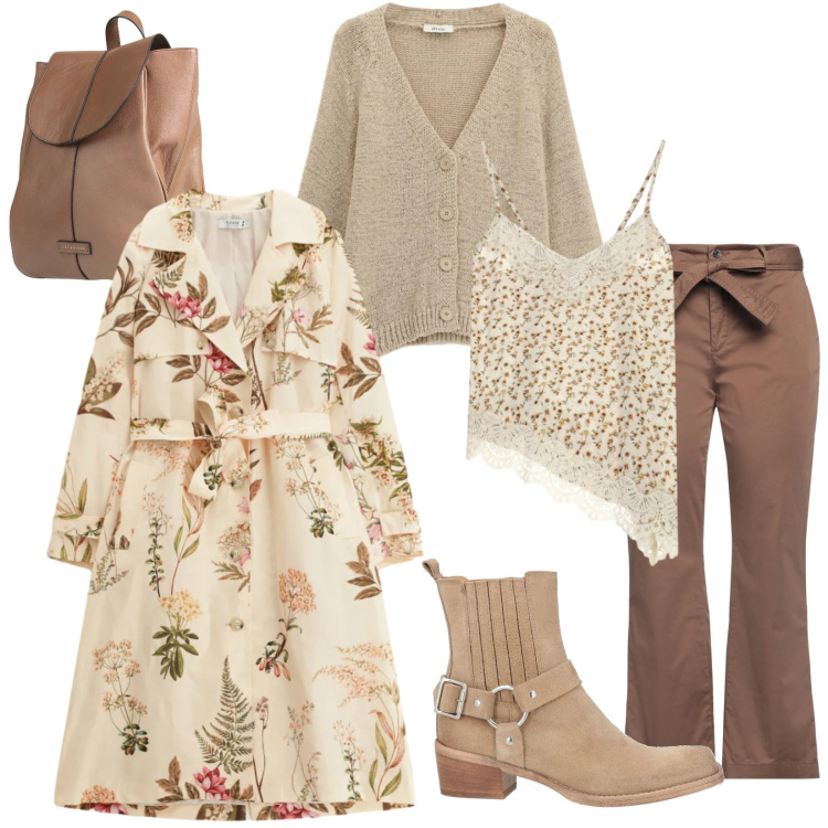 Outfit donna - Fiori di campo. Stile Bon Ton per Ufficio. Abbinamento con pantaloni, stivaletti texani, zaini, cardigans, top, trench.