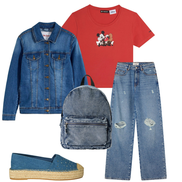 Outfit donna - Total look #2357629. Stile Urban per Tutti i giorni. Abbinamento con blazer, espadrillas, zaini, jeans strappati, t-shirt.