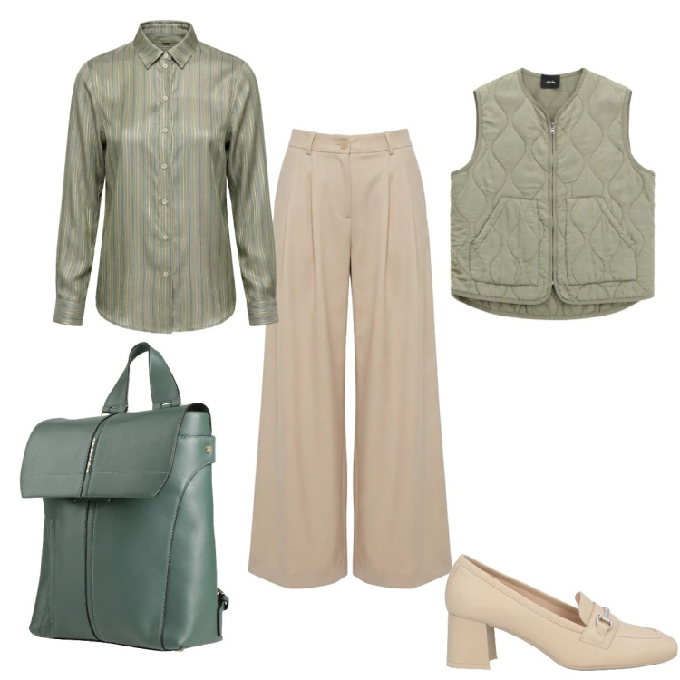 Outfit donna - Garanzia H&B. Stile Glamour per Ufficio. Abbinamento con mocassini, zaini, camicie, pantaloni, gilet.