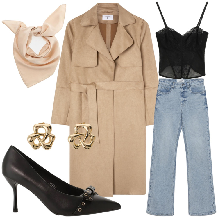 Outfit donna - Total look #2357634. Stile Casual chic per Serata fuori. Abbinamento con jeans bootcut, trench, décolleté, top, orecchini, foulard.