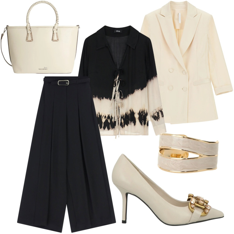 Outfit donna - Bicolor. Stile Glamour per Ufficio. Abbinamento con décolleté, shopping bag, pantaloni a palazzo, blazer, camicie, anelli.