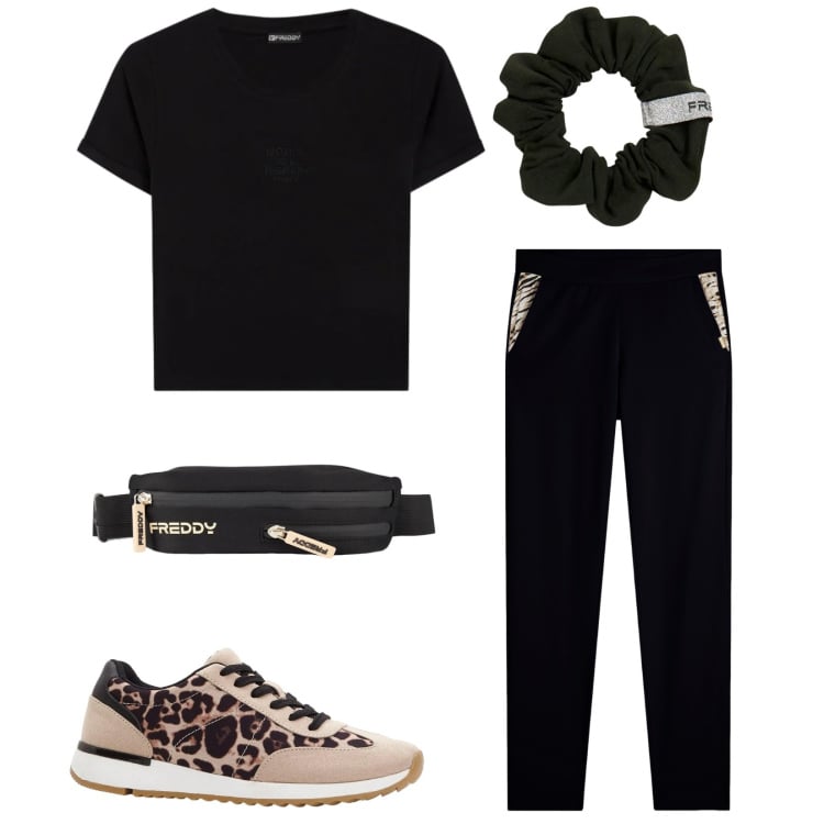 Outfit donna - Total look #2357639. Stile Sporty chic per Sport. Abbinamento con sneakers, pantaloni, borse sportive, accessori per capelli, t-shirt.