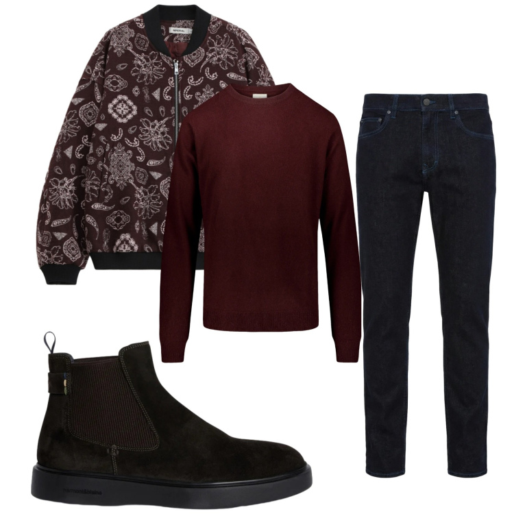 Outfit uomo - Total look #2357640. Stile Trendy per Tutti i giorni. Abbinamento con jeans, stivali e stivaletti, bomber, maglieria.