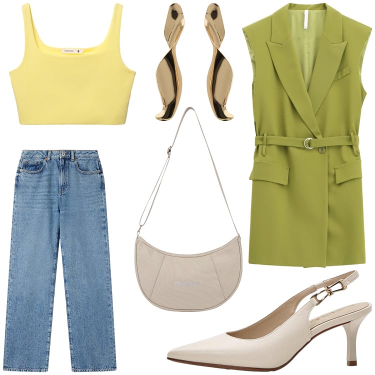 Outfit donna - Total look #2357641. Stile Casual chic per Serata fuori. Abbinamento con décolleté, gilet, jeans dritti, canottiere, orecchini, borse a spalla.