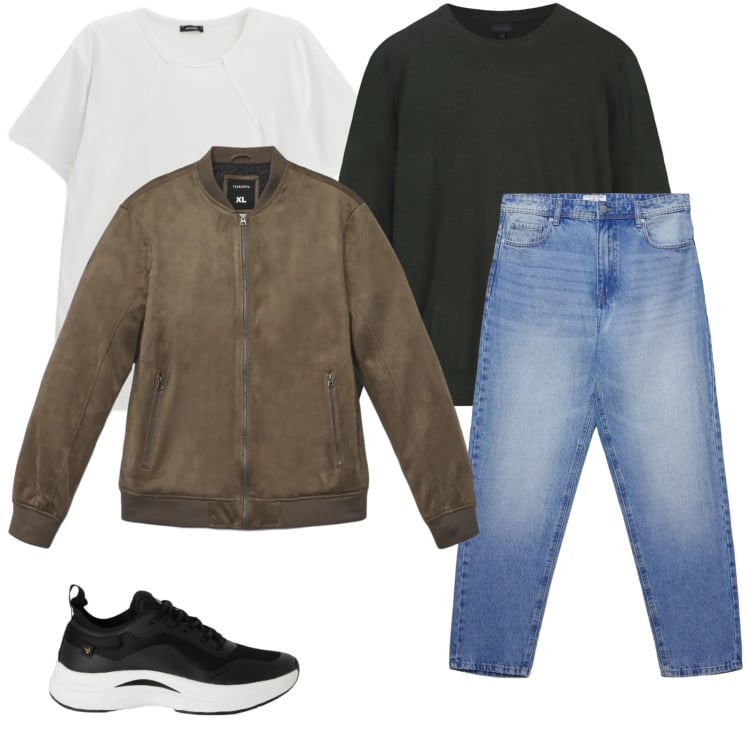 Outfit uomo - Modern Layering in Toni Naturali. Stile Trendy per Tutti i giorni. Abbinamento con t-shirt, giacche, jeans, sneakers, maglieria.