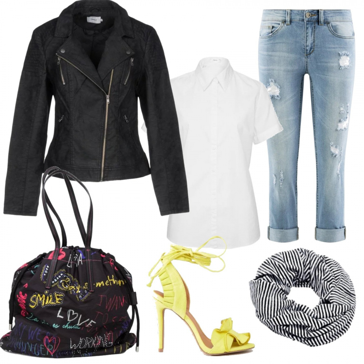 Outfit donna - Italian graffiti. Stile Basic per Tutti i giorni. Abbinamento con camicie a manica corta, giubbotto a maniche lunghe con zip interno foderato in pelle sintetica tinta unita, borsa a tracolla nero, jeans slim fit effetto strappato aderente blu, sandali con volant, sciarpa nero.