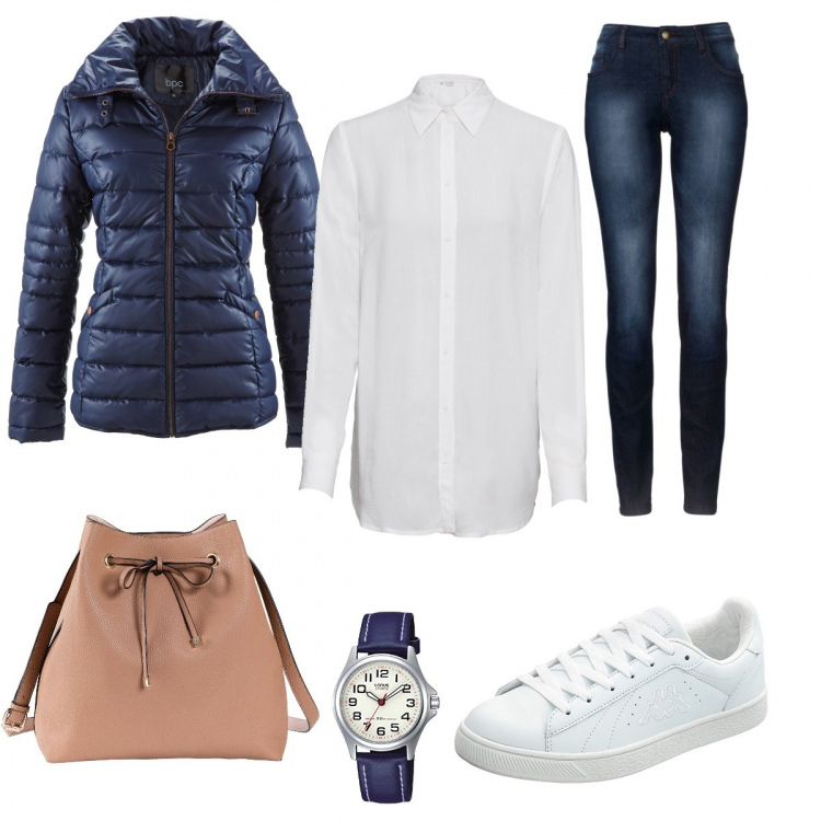 Outfit donna - Camicia bianca low cost 1: casual. Stile Basic per Tutti i giorni. Abbinamento con jeans skinny, piumino taglio dritto con zip e bottoni blu, sneakers con lacci bianco, shopping bag con coulisse beige, camicia contrasto bianco, orologi analogici.