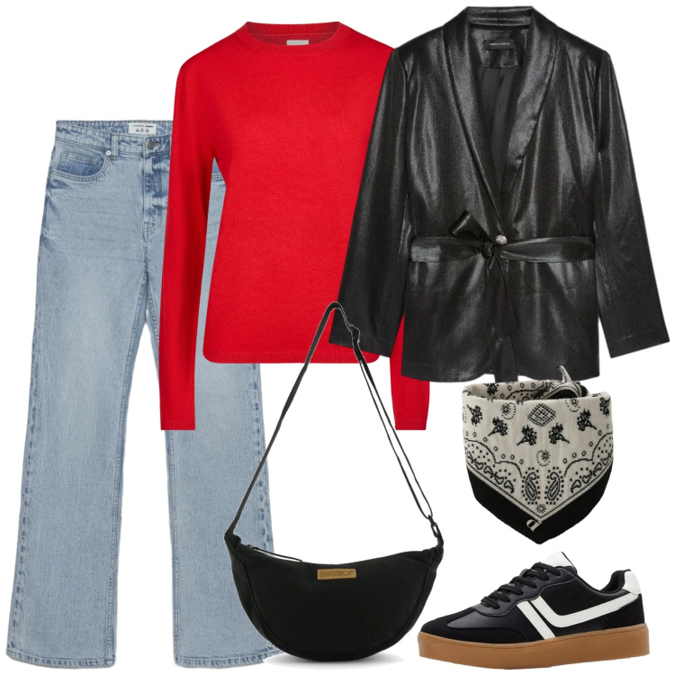 Outfit donna - Jeans e finta pelle. Stile Casual per Scuola/Università. Abbinamento con sneakers, jeans bootcut, blazer, foulard, maglieria, borse a tracolla.