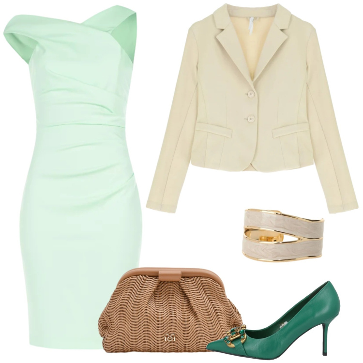 Outfit donna - Color menta. Stile Chic per Cerimonia. Abbinamento con décolleté, blazer, anelli, vestiti asimmetrici, pochette.