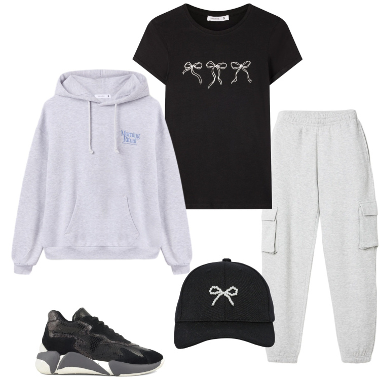 Outfit donna - Corsa mattutina. Stile Casual per Sport. Abbinamento con pantaloni, t-shirt, felpe con cappuccio, cappelli con visiera, sneakers alte.
