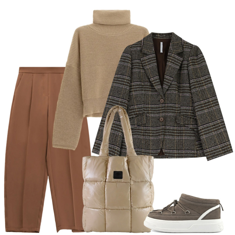 Outfit donna - I pantaloni barrel. Stile Casual per Scuola/Università. Abbinamento con maglieria, pantaloni, blazer, shopping bag, stivaletti.