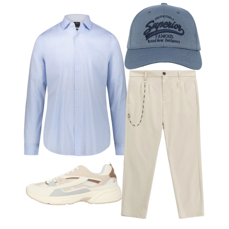 Outfit uomo - Marzo. Stile Casual per Tutti i giorni. Abbinamento con pantaloni, cappelli con visiera, sneakers, camicie.