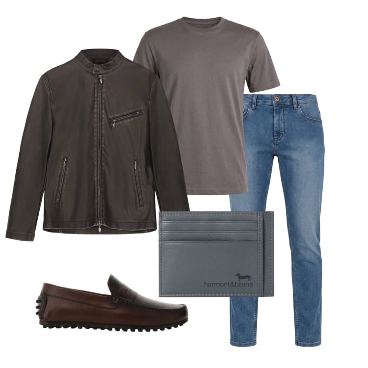 Outfit uomo - Marzo. Stile Urban per Tutti i giorni. Abbinamento con jeans, portafogli, t-shirt, scarpe stringate, giacche.