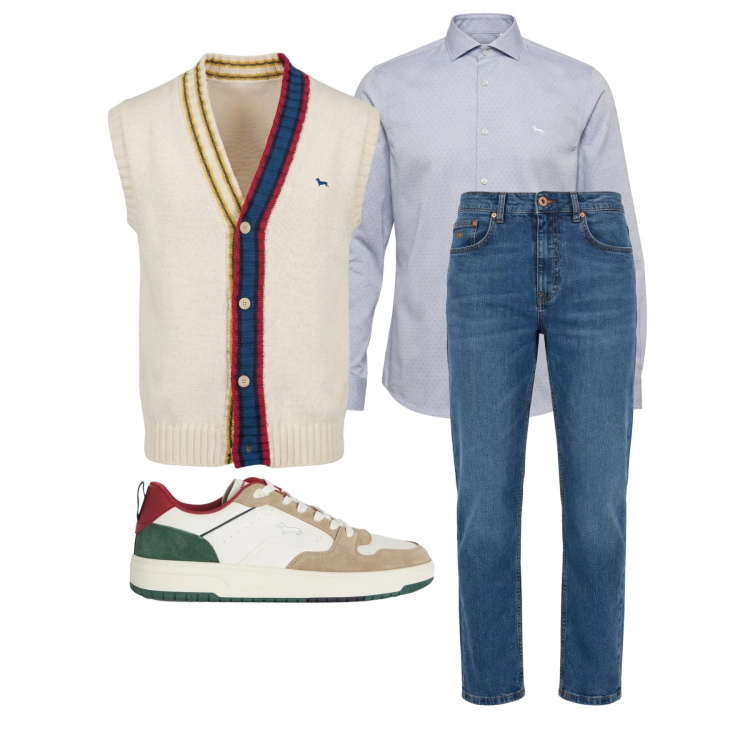 Outfit uomo - Marzo. Stile Trendy per Ufficio. Abbinamento con sneakers, jeans, gilet, camicie.